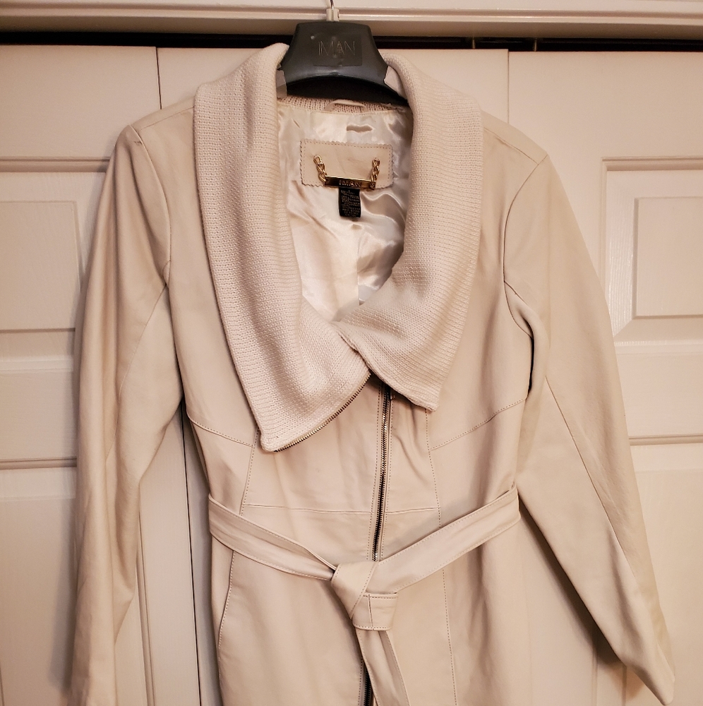 IMAN Leather Zip Front Trench Jacket NWOT Ivory L